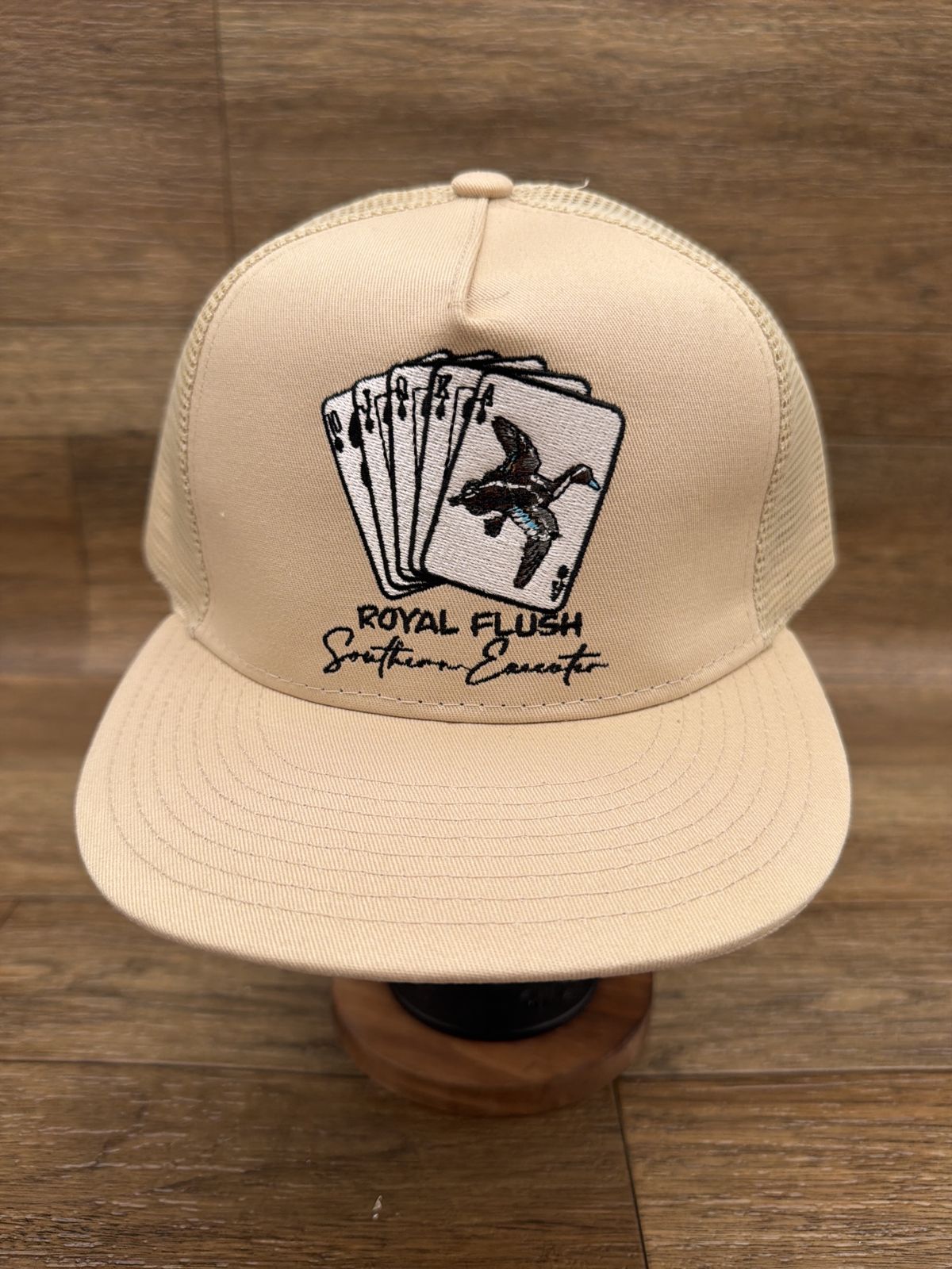 Royal Flush flat brim trucker cap in Tan by Southern Executer, front