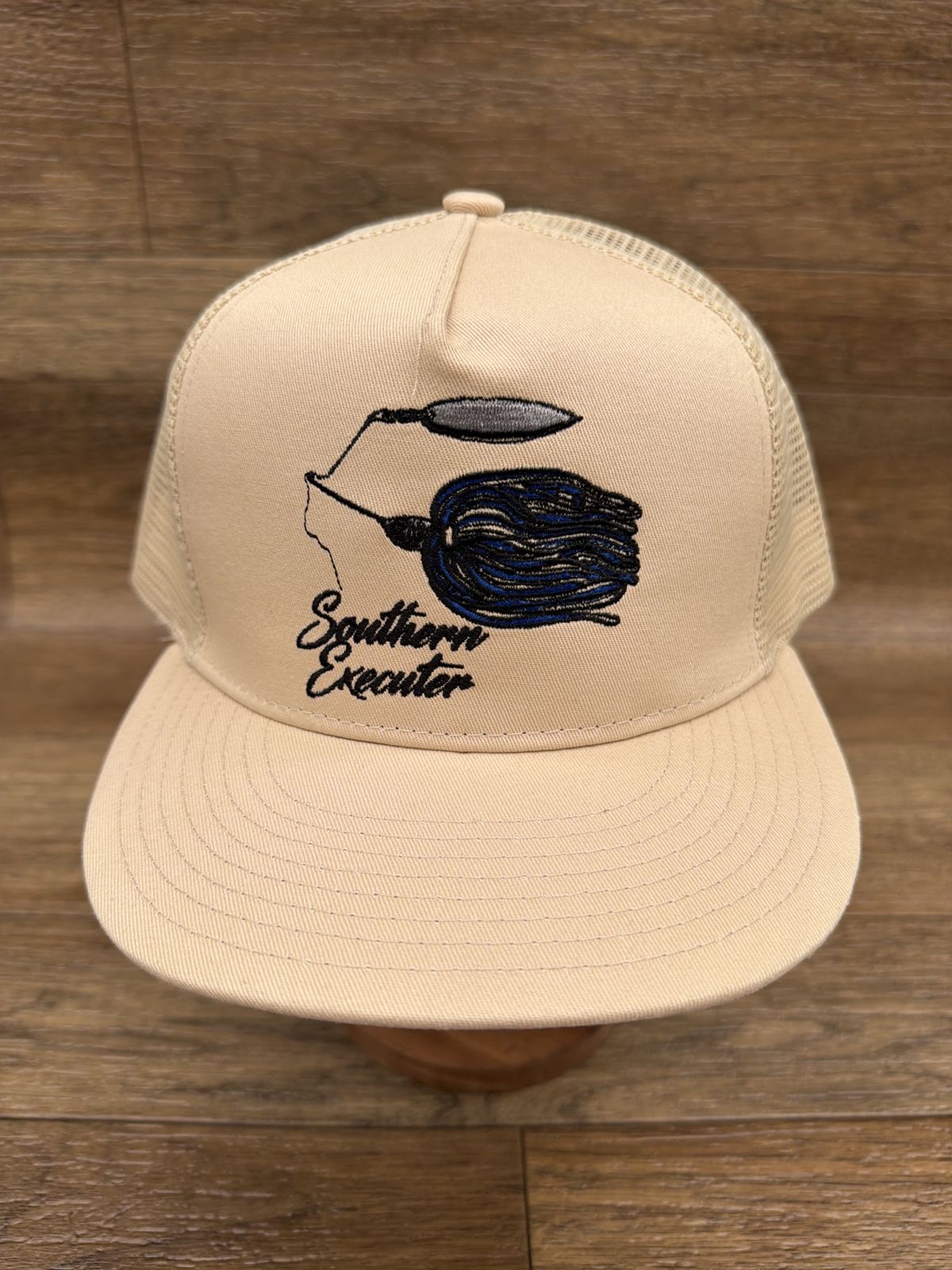 Spinnerbait flat brim trucker cap in Tan by Southern Executer, front