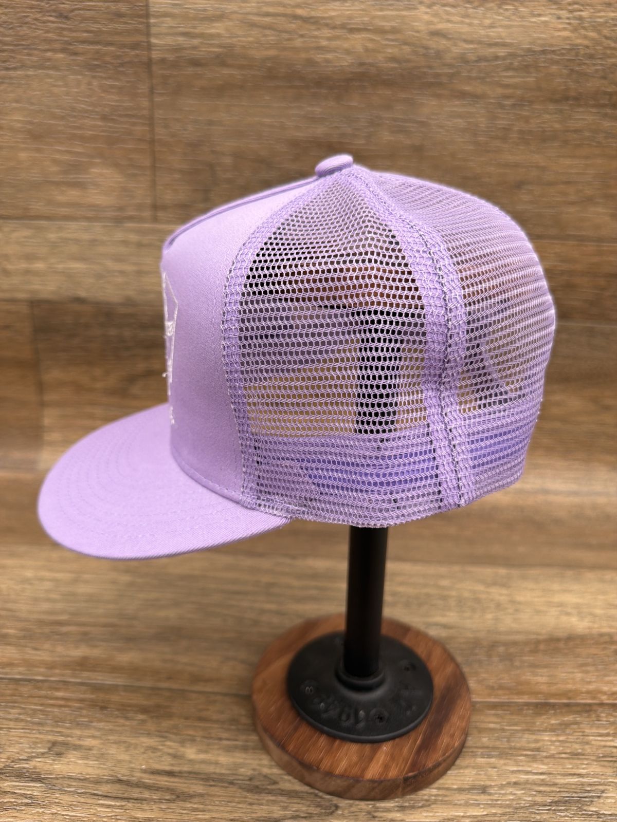 Three of a Kind flat brim trucker cap in Lavender by Southern Executer, side