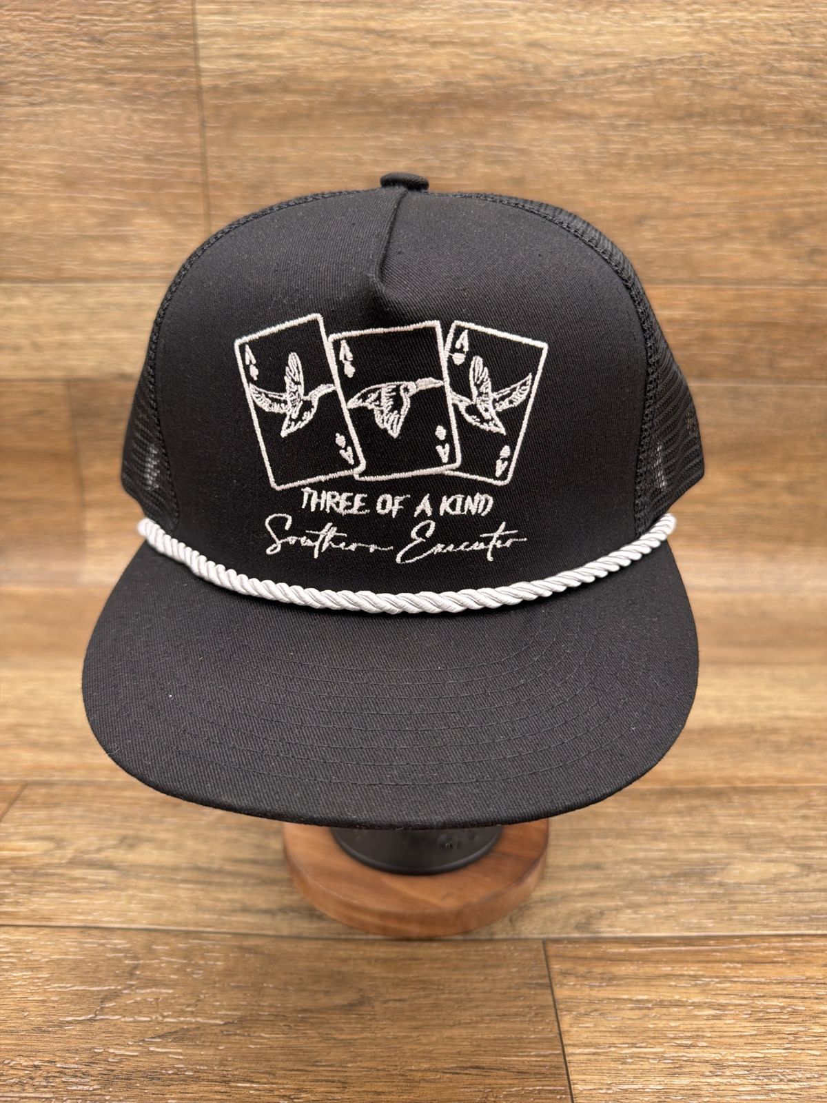 Three of a Kind flat brim rope cap in Black by Southern Executer, front