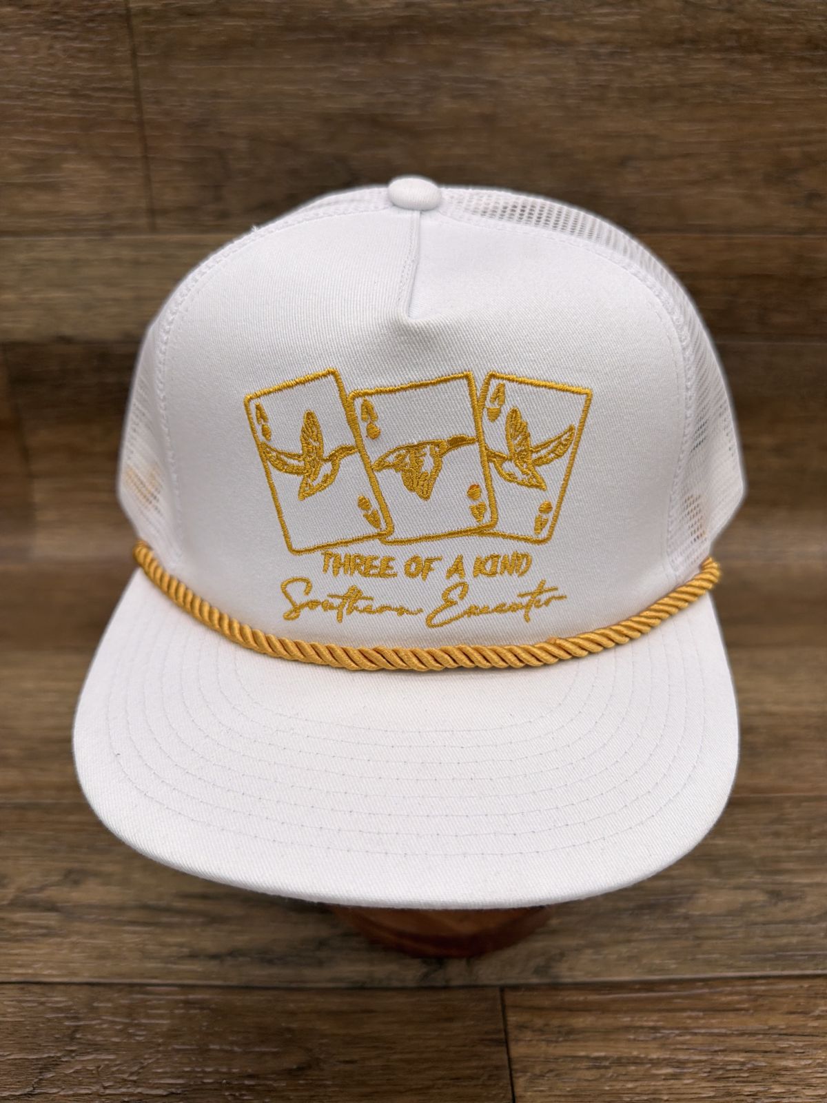 Three of a Kind flat brim rope cap in White by Southern Executer, front