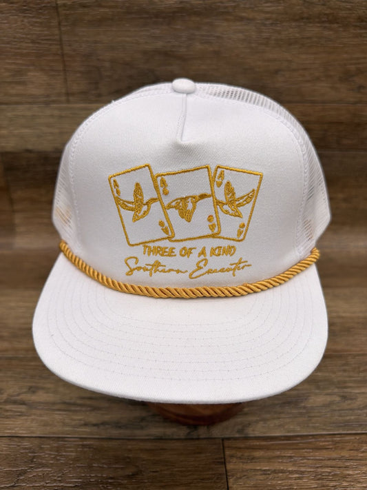 Three of a Kind flat brim rope cap in White by Southern Executer, front