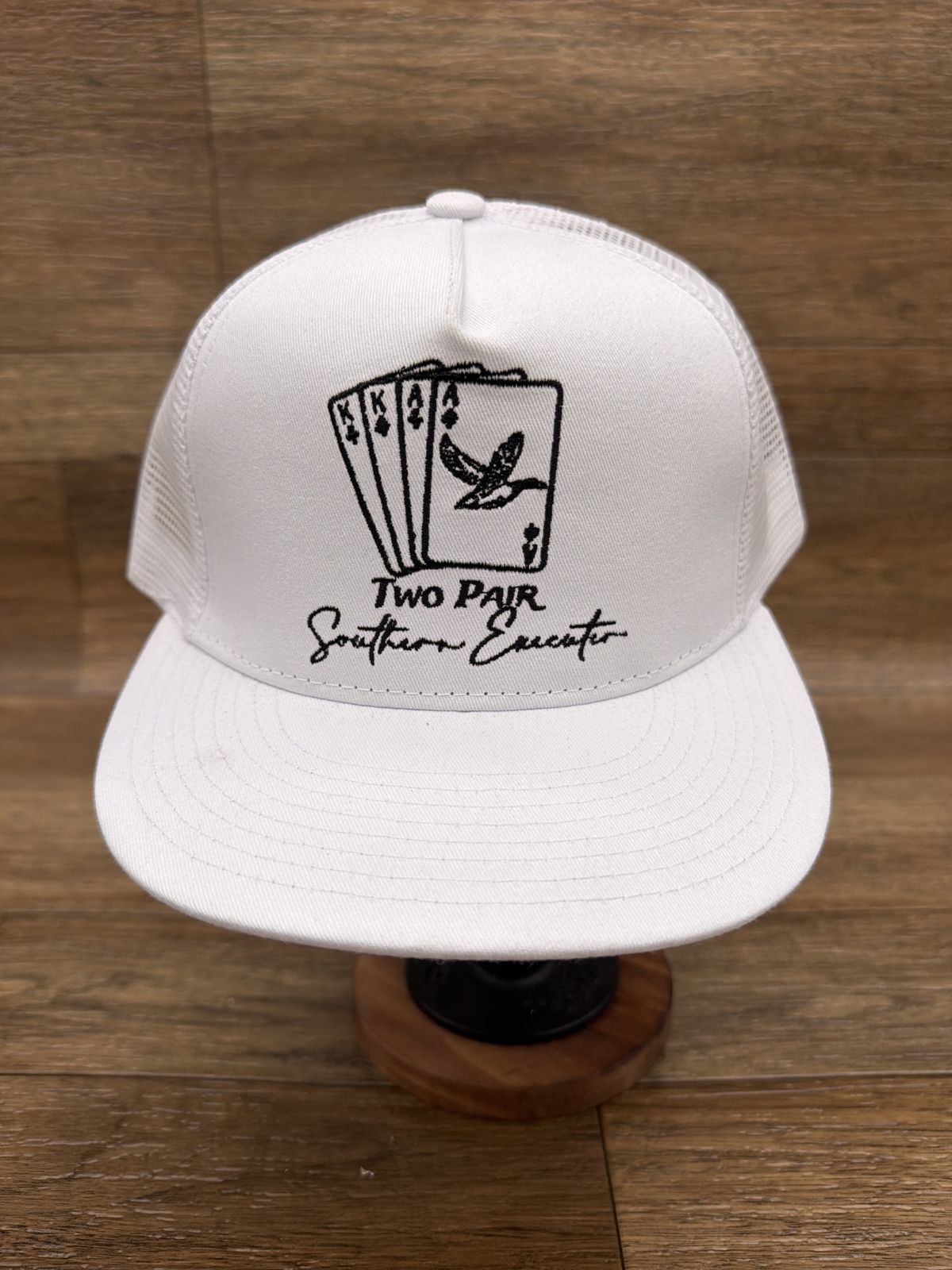 Two Pair flat brim trucker cap in White by Southern Executer, front
