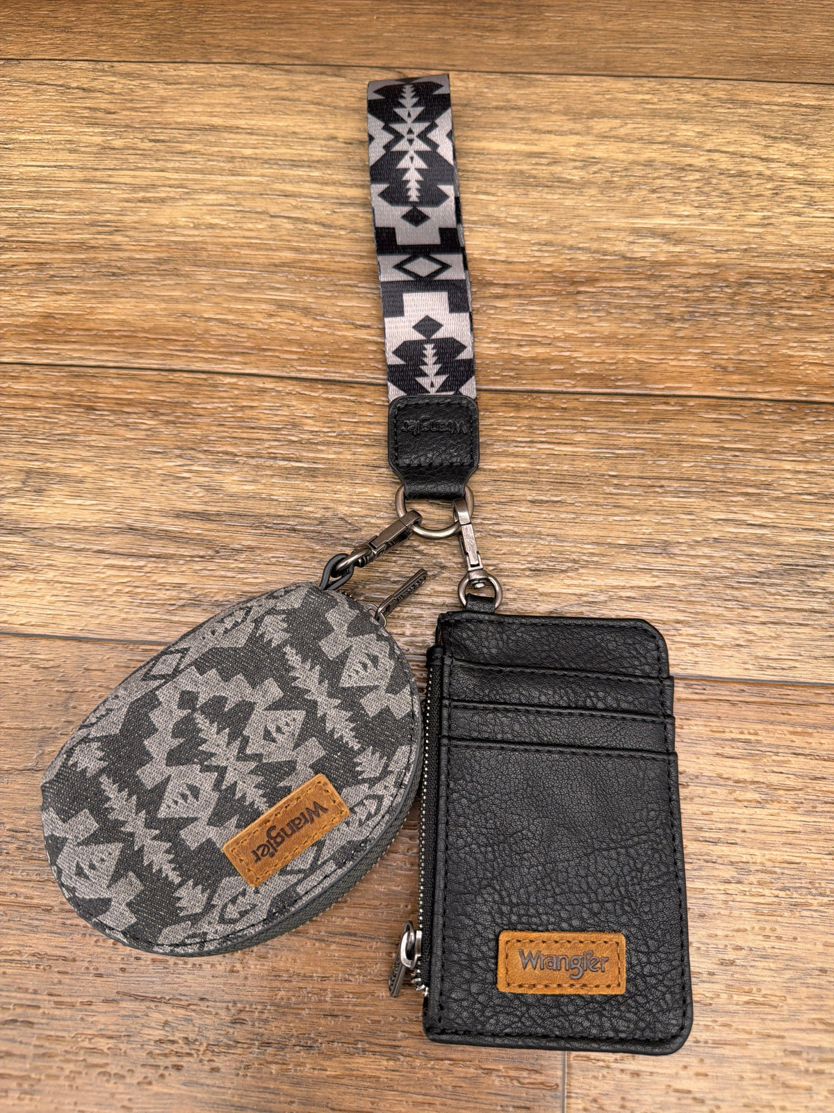 Wrangler black Aztec print card case and coin purse wristlet set by Montana West, back view