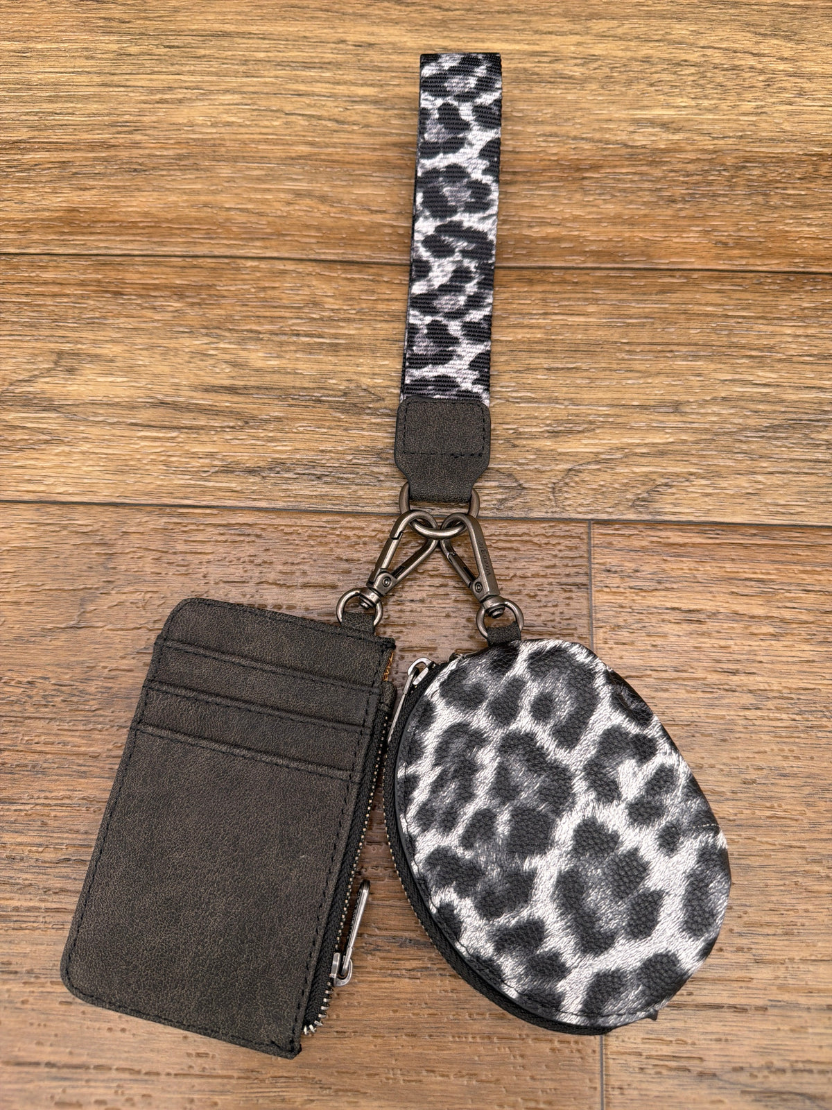 Wrangler black leopard print card wallet and coin purse wristlet set by Montana West, back view