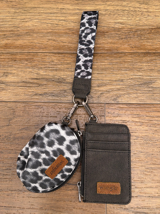 Wrangler black leopard print card wallet and coin purse wristlet set by Montana West, full set