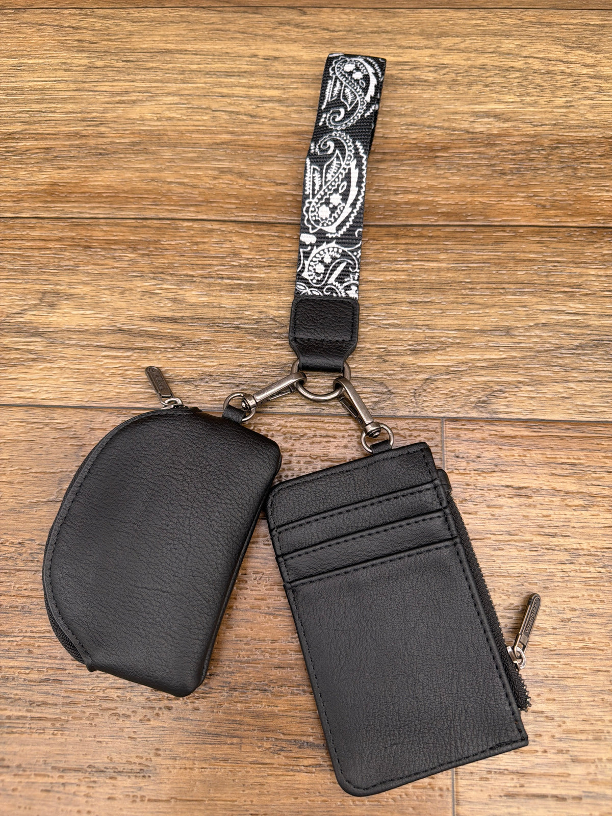 Wrangler black paisley bandana card holder and coin pouch set by Montana West, back view