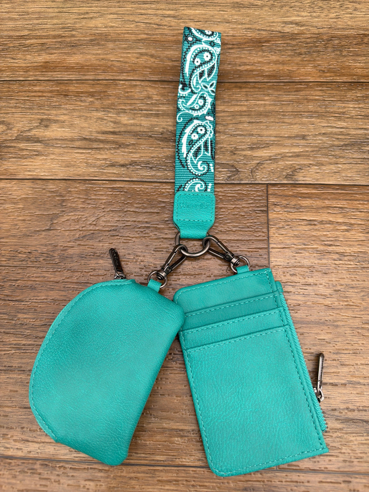 Wrangler dark turquoise paisley bandana card holder and coin pouch set by Montana West, back view