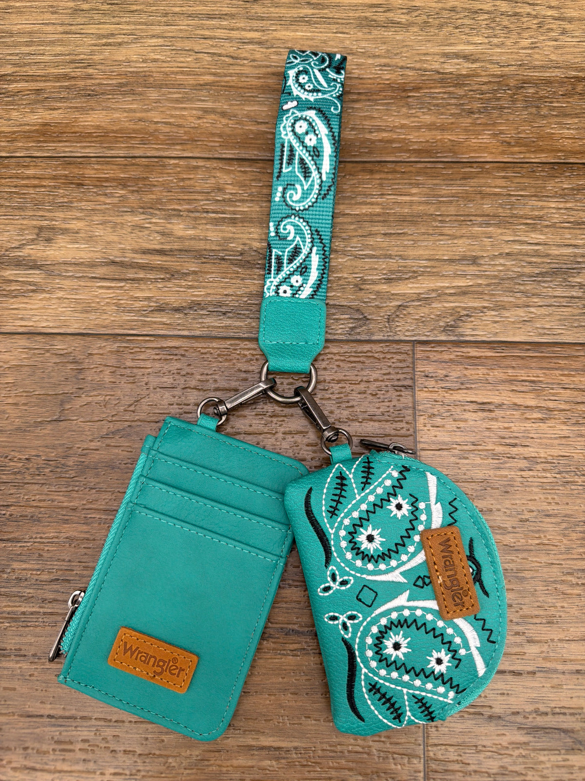 Wrangler dark turquoise paisley bandana card holder and coin pouch set by Montana West, full set with wrist strap
