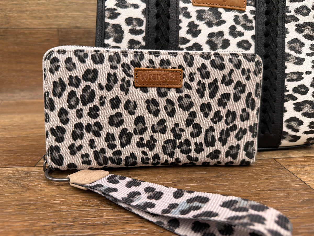 Wrangler beige leopard print wallet wristlet by Montana West, front view with strap