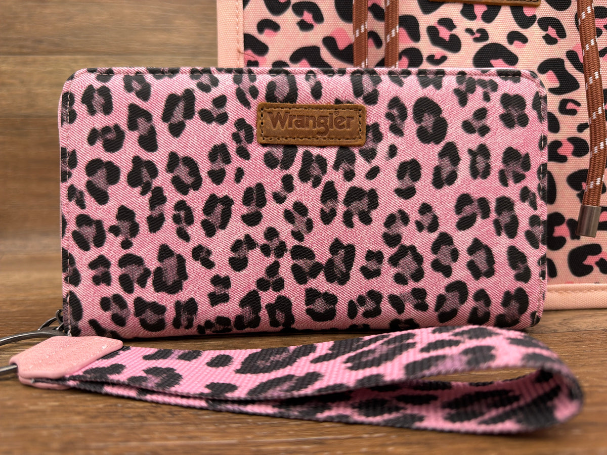 Wrangler pink leopard print wallet wristlet by Montana West, front view with strap
