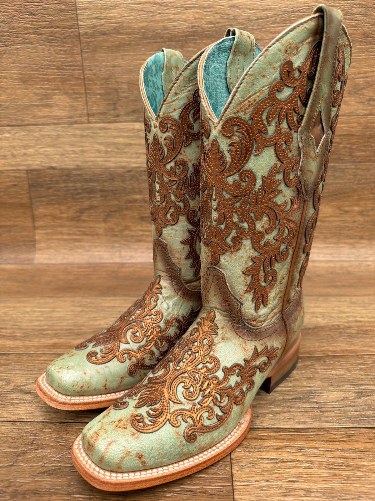 Women's Turquoise & Gold Overlay Embroidered Square Toe Western Boot by Corral