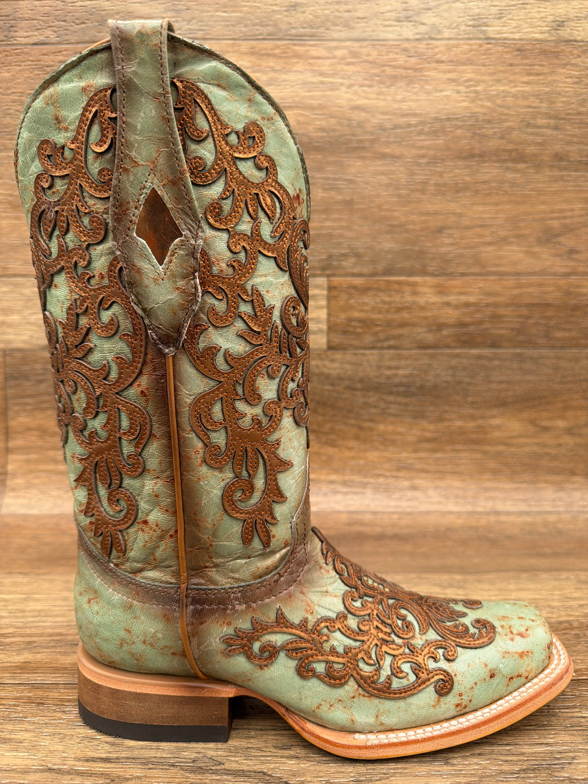 Women's Turquoise & Gold Overlay Embroidered Square Toe Western Boot by Corral - side view