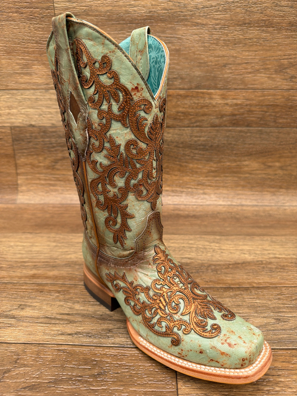 Women's Turquoise & Gold Overlay Embroidered Square Toe Western Boot by Corral - angle view