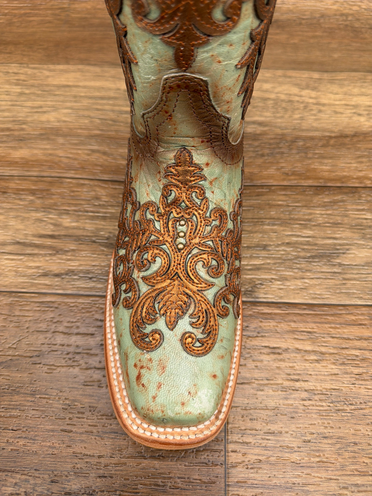 Women's Turquoise & Gold Overlay Embroidered Square Toe Western Boot by Corral - toe detail