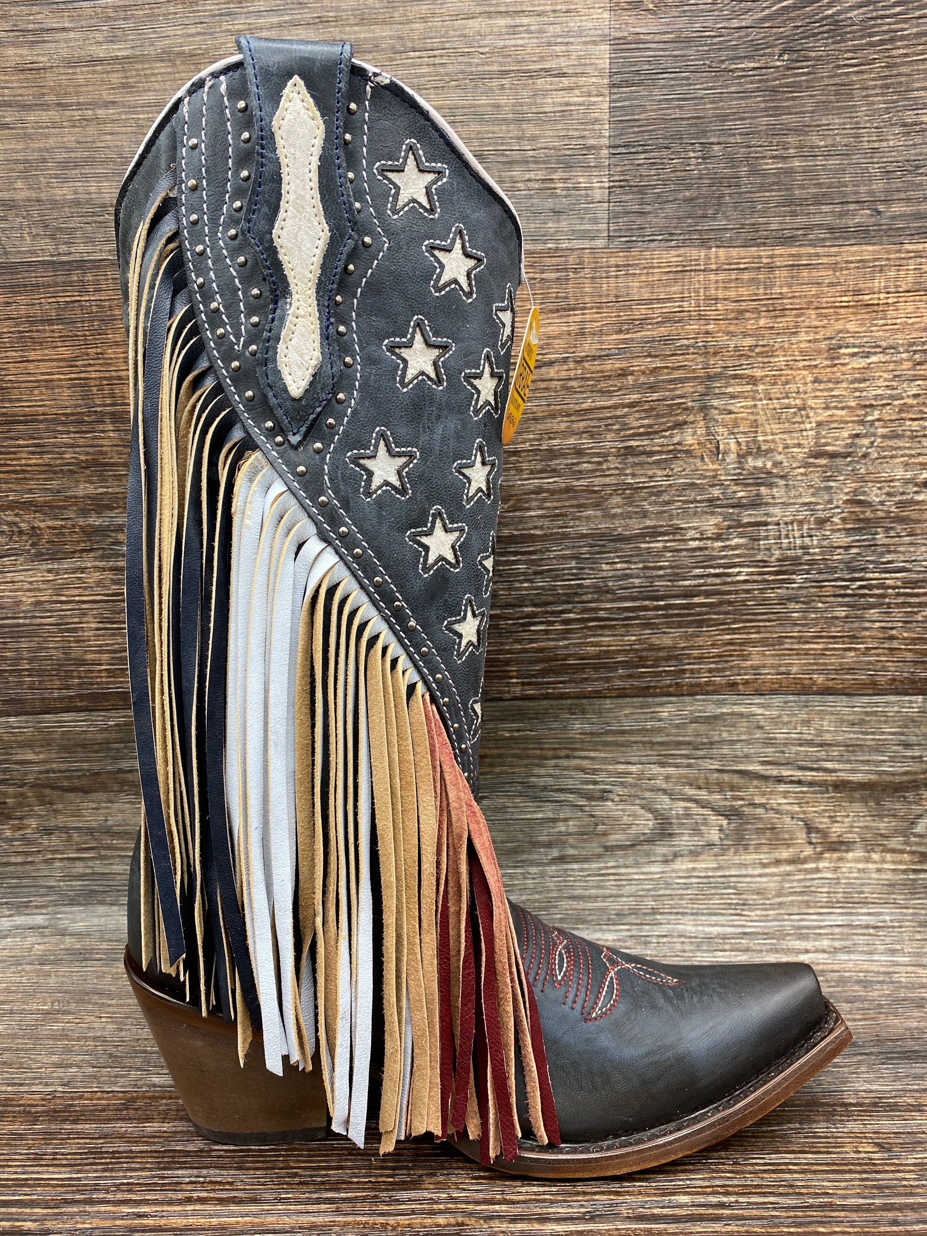 c3749 Women's Snip Toe Navy with Stars and Fringe Western Boot by
