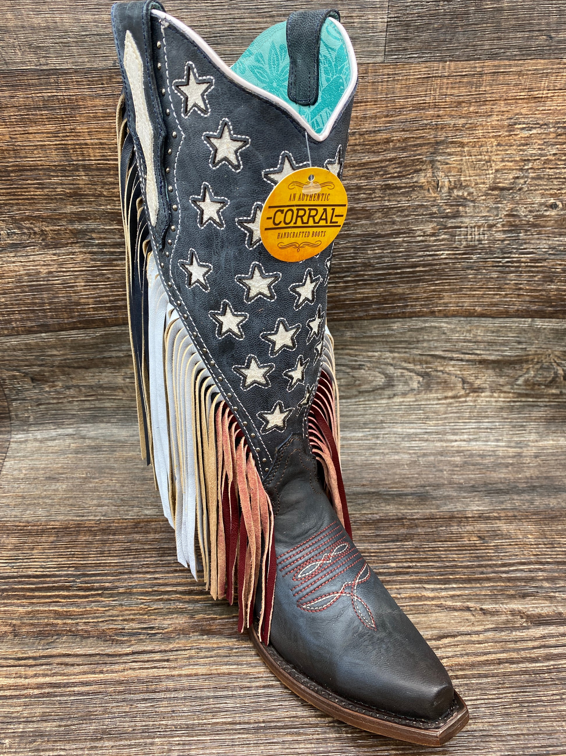 c3749 Women's Snip Toe Navy with Stars and Fringe Western Boot by