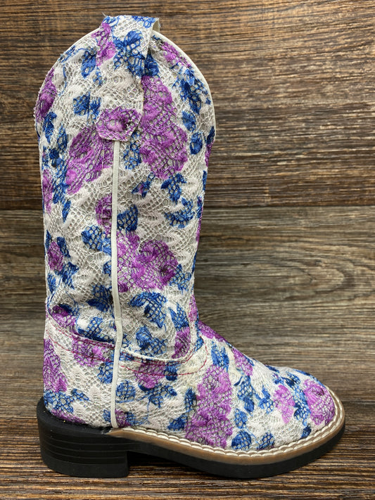 vb9151 Girl's Square Toe Western Boots - Flower Print Knit with Glitter Underlay by Jama Old West