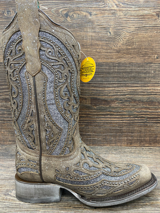 e1512 Women's Brown & Grey Glitter Inlay Square Toe Western Boot by Corral