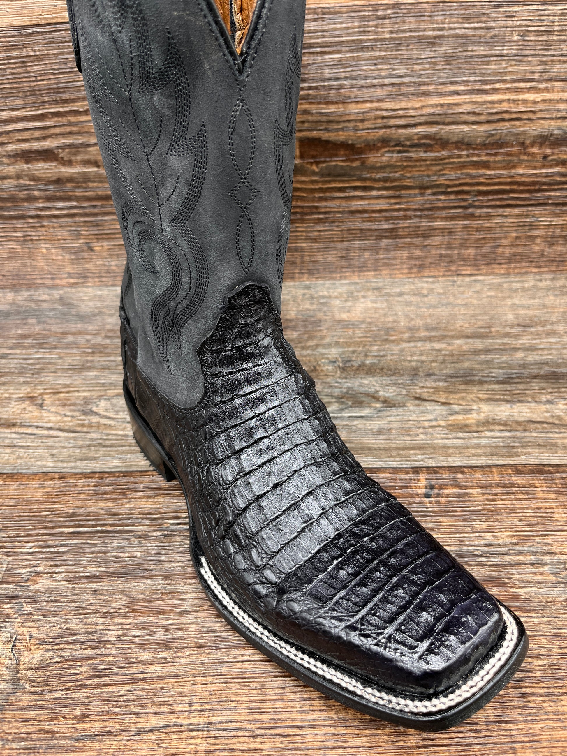 Black Caiman Boots Black Alligator Square Toe Boots L5743 Men's