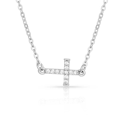 nc1510 Quiet Faith, Tiny Crystal Cross Choker Necklace by Montana Silversmiths