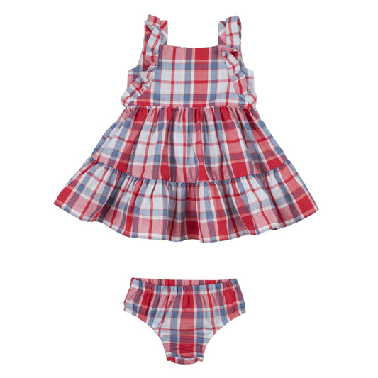 pqd200m Baby Girl Square Neck Tiered Plaid Dress with Diaper Cover by Wrangler